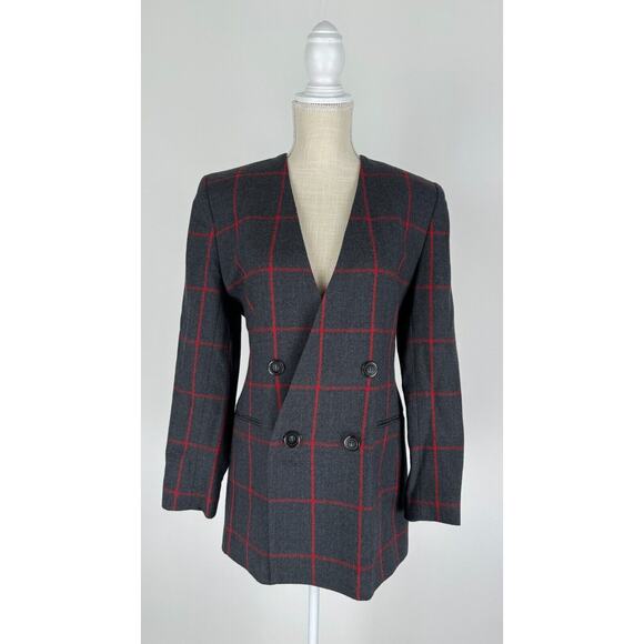 JH Collectibles Vintage Gray Red Plaid Double Breasted Blazer Jacket Womens 6 - Picture 1 of 9